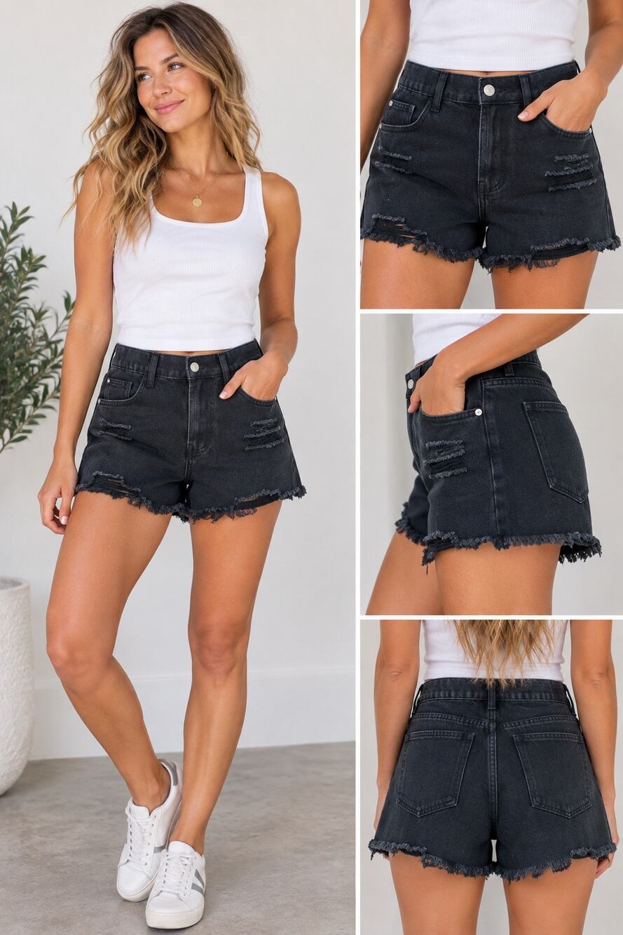 NWT Love Tree Black Distressed High Rise Denim Shorts Frayed Hem size small